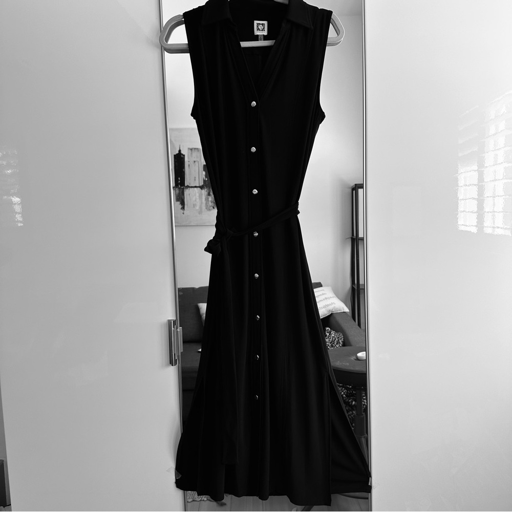 Anne Klein black Full Length Sheath, Gold Tone Buttons Collar V-Neck